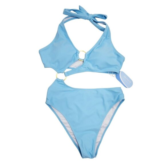 One-Shoulder Cutout Sky Blue Bikini Set Gold Ring Womens Swimwear Size S - Picture 1 of 7